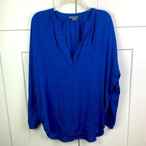 Vince MEDIUM 100% Silk Blouse Blue Long Sleeve Split Neck